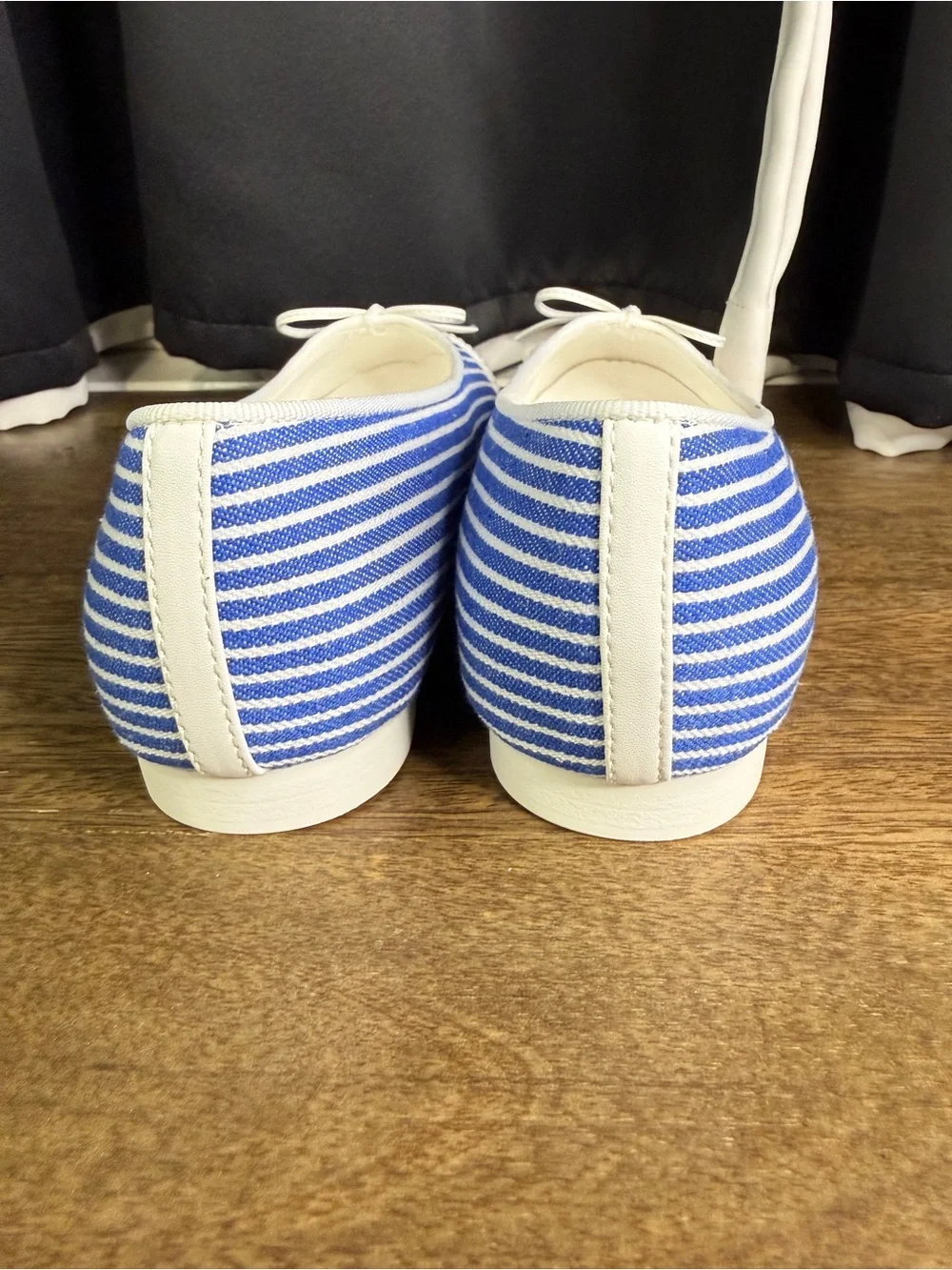 CHANEL Blue and White Striped Ribbed Cap-Toe Ballerina Flats